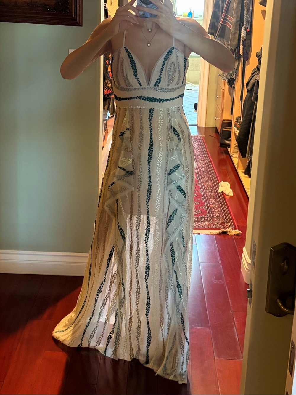 BCBGMaxAzria White Maxi Dress with Green dotted Stripes